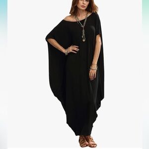 Black boat neck dolman sleeve kaftan maxi dress